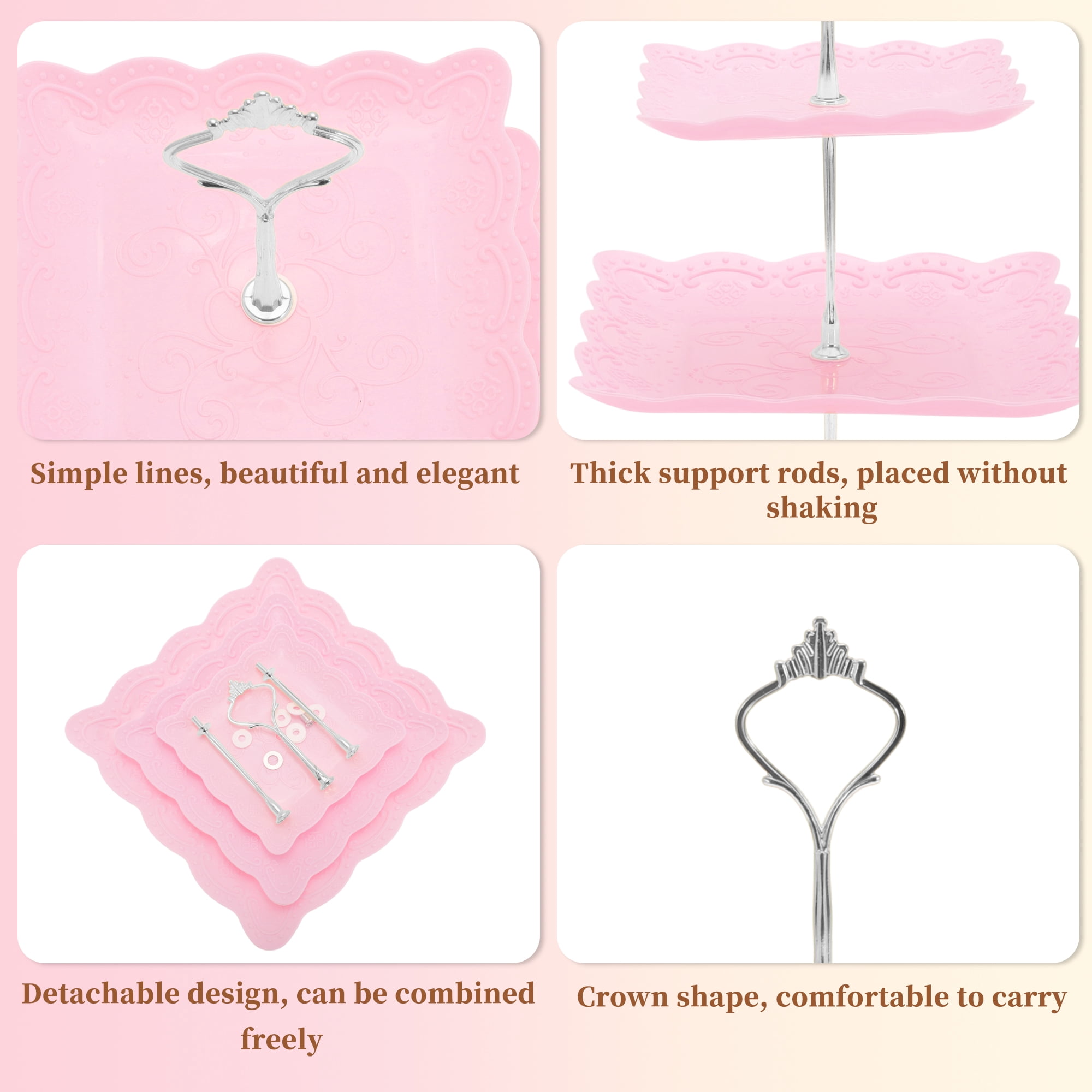 Unique Bargains 3 Tier Cupcake Stand Holder for Donuts Fruits, Pink Silver Tone