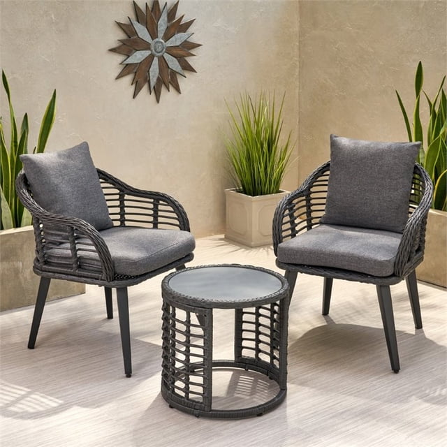 Noble House Tatiana 3 Piece Outdoor Wicker Conversation Set in Gray