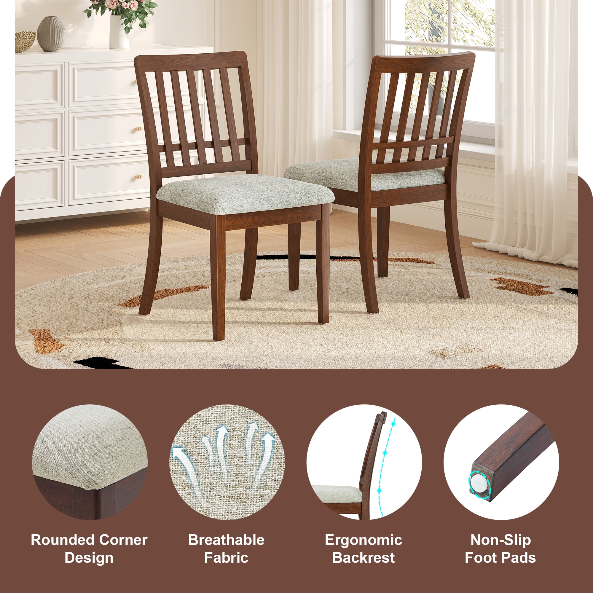 Dining Chair Set of 2, Curved Wood Backrest with Gray Fabric Seat for Dining Room Apartment, Brown