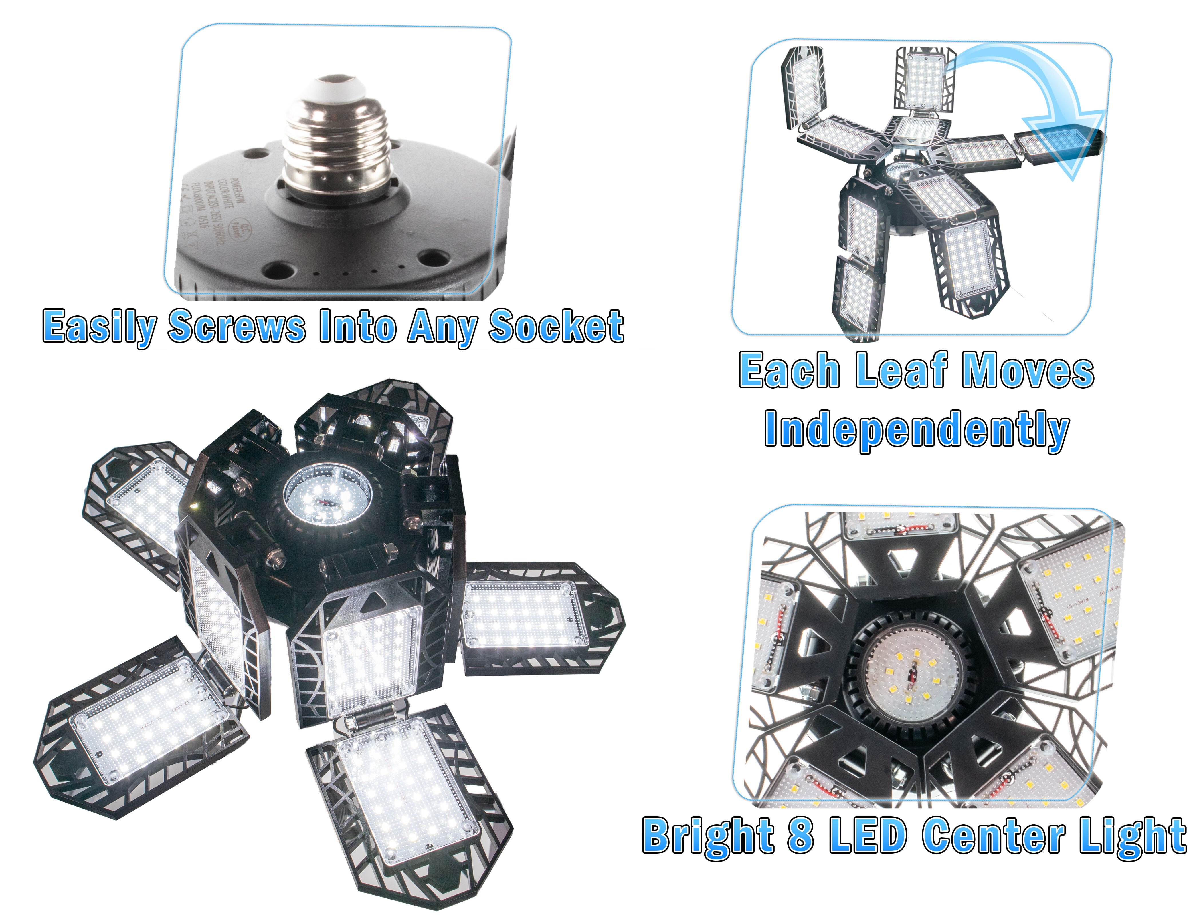 10 Leaf Garage Led Light Bulb 60W LED w/ Adjustable Aluminum Panels, 256 LEDs, E26/E27 6000K - 7200LM Ceiling Fixture for Basement Warehouse Workshop Home