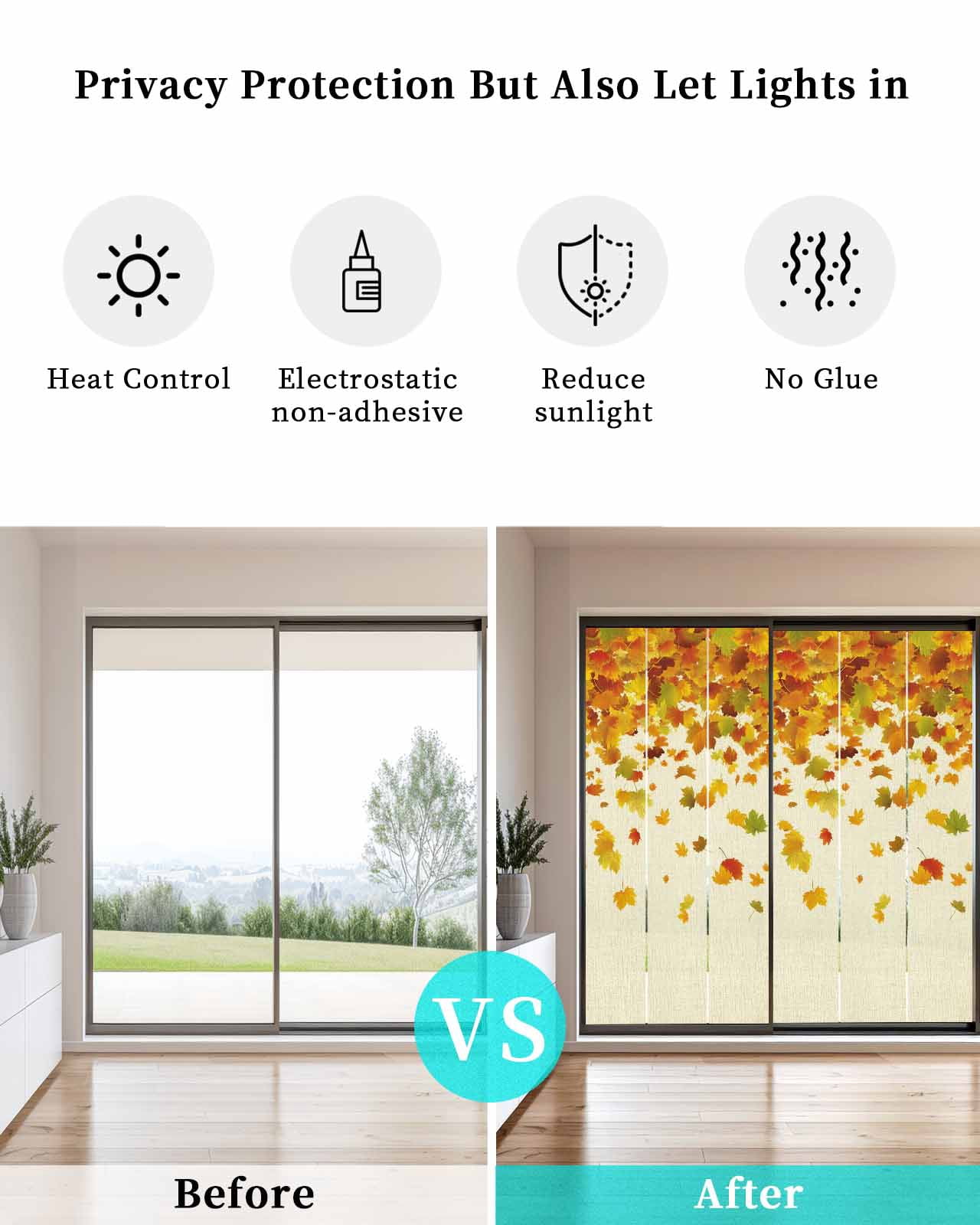 Window Privacy Film Maple Leaf Fall Stained Glass Window Film Decorative Sun Block Window Cover Thanksgiving Fallen Leaves Autumn Rustic Window Clings Static Adhesive Sticker for Bathroom 23.6"x59"