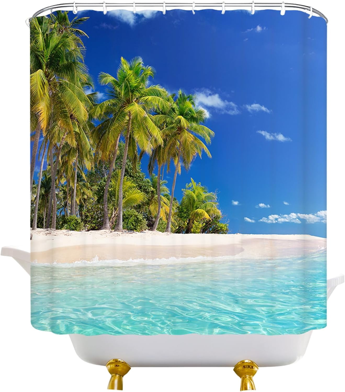 Ocean Beach Shower Curtain Blue Sky Tropical Sea Waves White Cloud Seaside Landscape Hawaii Summer Nature Scenery Bath Curtain with Plastic hooks