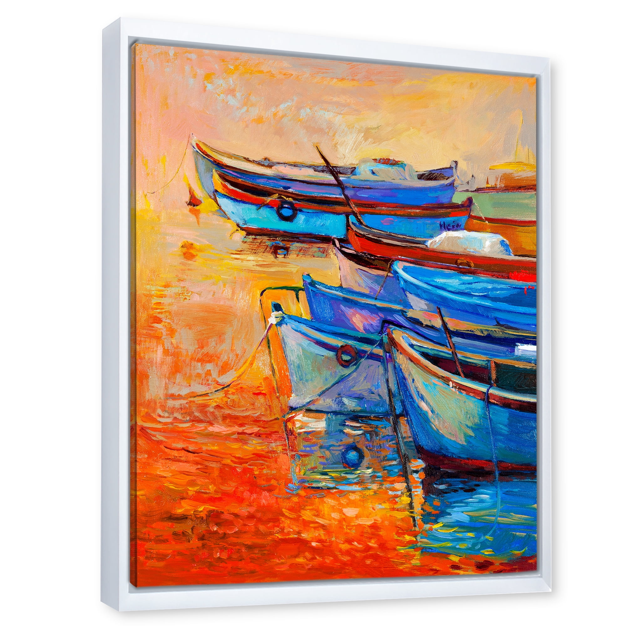 Designart 'Boats During Warm Sunset Resting On The Water VIII' Nautical & Coastal Framed Canvas Wall Art Print