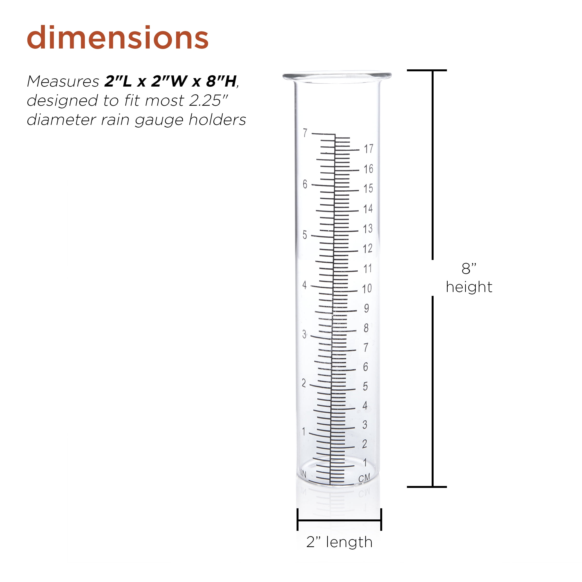 Alpine Corporation 2" x 8" Replacement Glass Rain Gauge Tube, Tracks Rainfall up to 7"