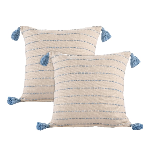 Laddha Home Designs Handwoven Reversible Striped Throw Pillow - 20" - Beige and Blue - Set of 2