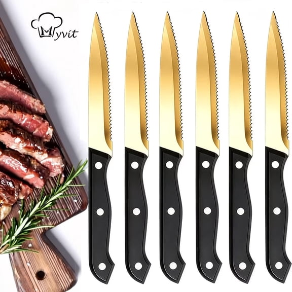 Akatsuki Steak Knives Golden,6-Piece Steak Knife Set,Sharp Serrated Steak Knife for Kitchen,Dishwasher Safe Steak Cutting Cooking Knife