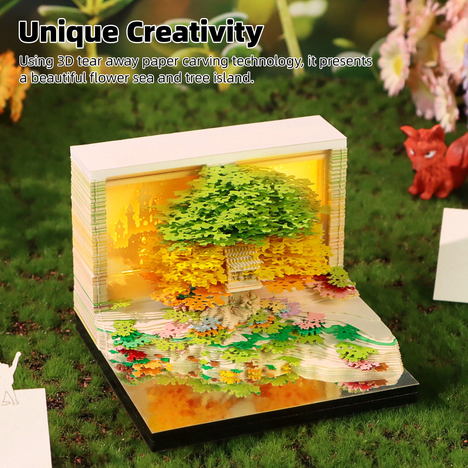 Rupoun 3D Notepad Flower Sea Tree Island Paper Carving Art 3D Art Memo Pad with 2026 Calendar for Desktop Ornament Green 3.3x3.3x2.7 inches / 8.5x8.5x6.8 cm