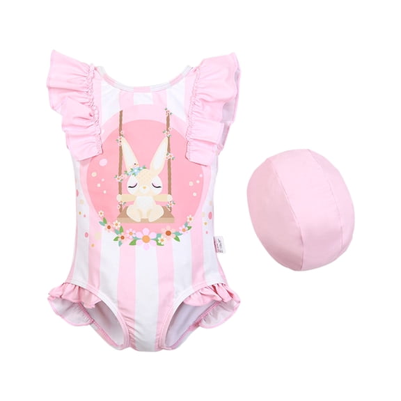 LNMQLPDBS Kids Swimsuits Set Girls One Piece Vertical Stripes Bikini with Hat Cute Bunny Printed Ruffle Trim Sleeveless Swimsuits 2t Bathing Suit Toddler Girls Summer Beach Outfit Cute Swimwear