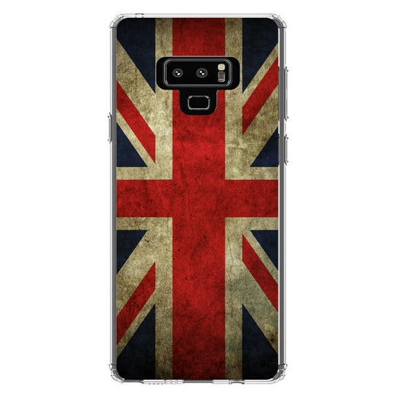 DistinctInk Clear Shockproof Hybrid Case for Samsung Galaxy Note 9 - TPU Bumper, Acrylic Back, Tempered Glass Screen Protector - Red White Blue British Flag Old - the UK