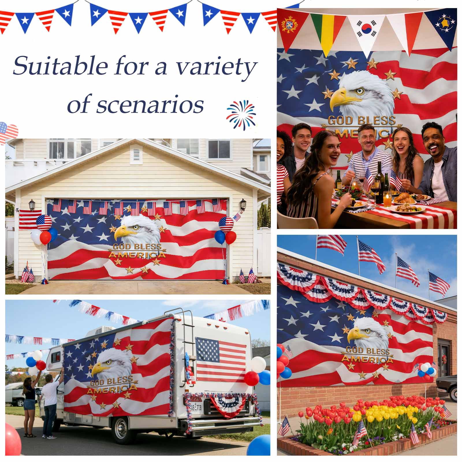 Eagle 4th of July Garage Door Cover Banner 7 x 16 FT, Independence Day Stars Flag Garage Door Curtains Backdrop with Grommets for Indoor Outdoor Wall Party Porch Yard Decorations Background