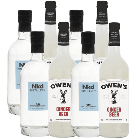 Nkd Distillery Gin 4 Pack Alternative Premium Non-Alcoholic Spirit 750 ML Bottles w 4 Pack Owen’s Mixers Ginger Beer 750 ML Bottles - Perfect for Mocktails - A