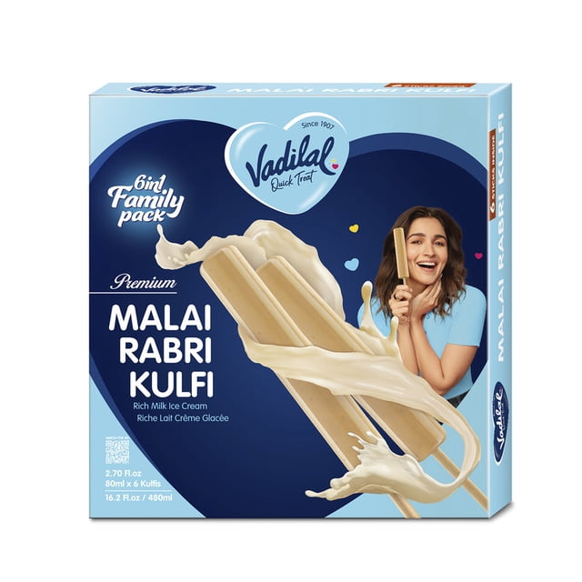 Vadilal Kulfi Malai Rabri 6 In 1 80 ml, Vadilal Kulfi Malai Rabri 6 In 1 80 ml includes six indulgent kulfi bars blending malai and rabri flavors for rich traditional taste.