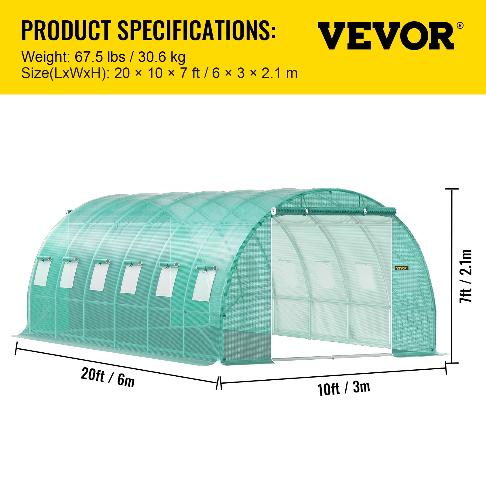 VEVOR Walk-in Tunnel Greenhouse, 20 x 10 x 7 ft Portable Plant Hot House with Galvanized Steel Hoops