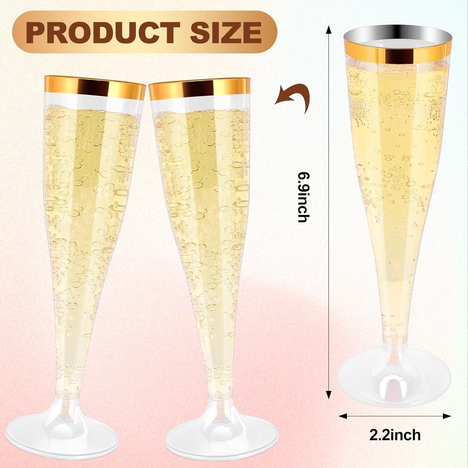 50 Pack Plastic Champagne Flutes Disposable, Gold Rim Champagne Glasses, 4.5 Oz Clear Disposable Champagnes Flute, Mimosa Glasses Plastic Toasting Glass for Wedding Party Supplies