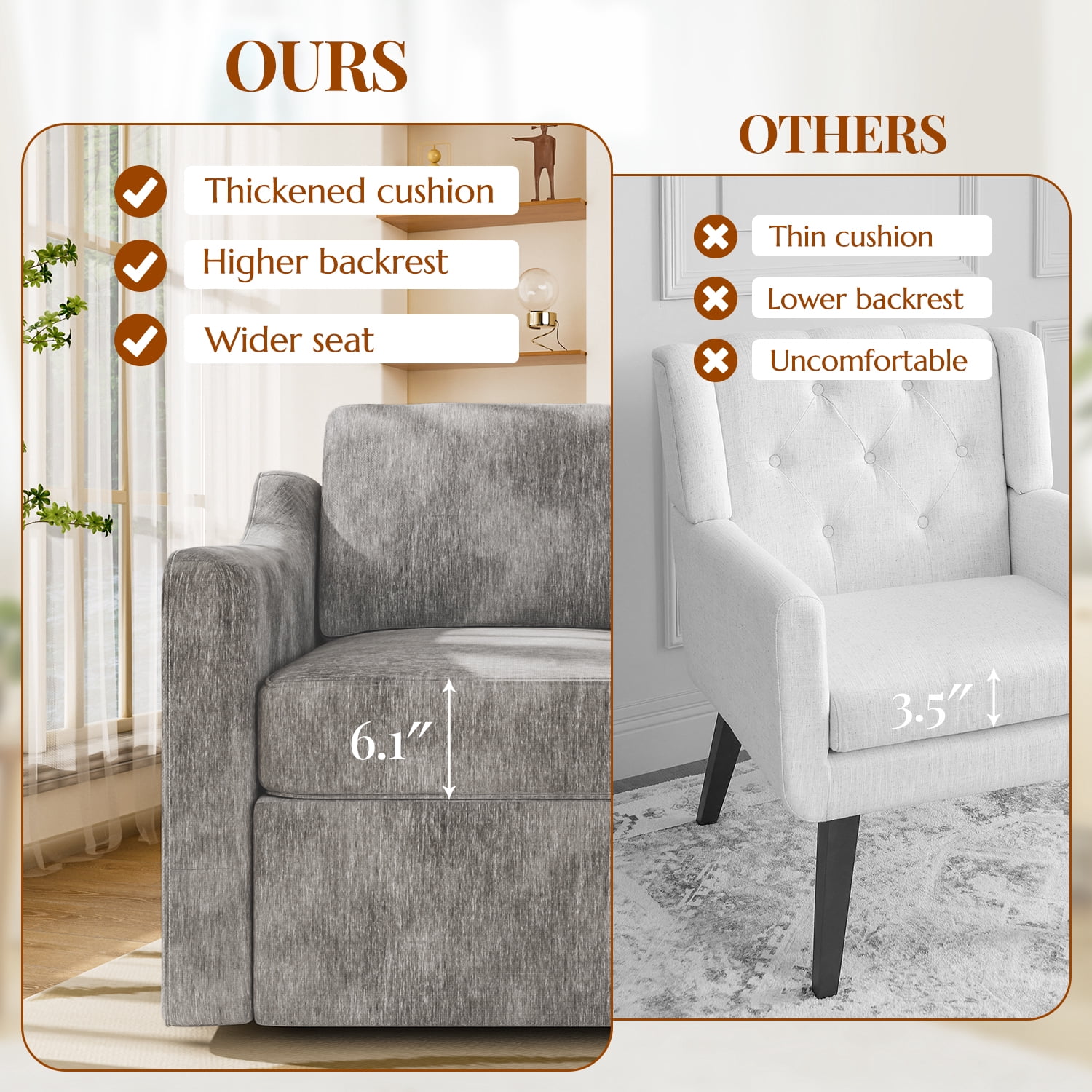 ZBOM 360° Swivel Modern Accent Chair Set of 2, Large Comfy Reading Chairs, Accent Square Single-seat Armchair Upholstered Sofa for Reading, Living Room, Bedroom, Grey
