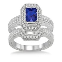 2 Carat Sapphire and Diamond Antique Halo Bridal set on 10k White Gold