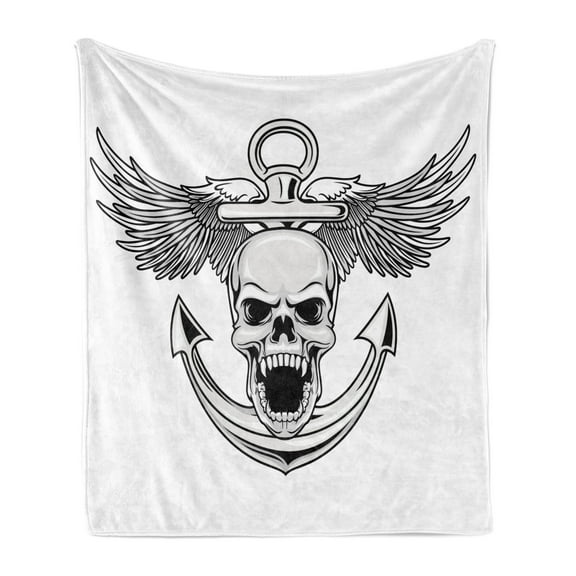 Anchor Soft Flannel Fleece Throw Blanket, Skull with Anchor and Eagle Wings Freedom Devil Sea Hunter Skeleton Myth Graphic, Cozy Plush for Indoor and Outdoor Use, 50" x 60", Grey White, by Ambesonne