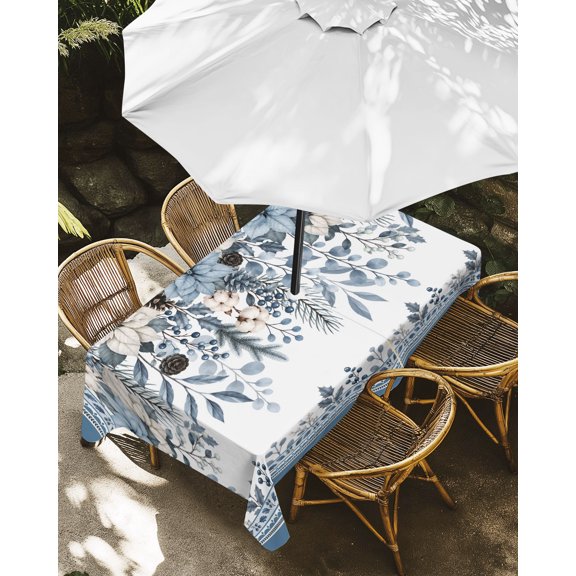 Outdoor Tablecloth with Umbrella Hole, Christmas Flower Fallen Leaves Berry Zippered Table Cloth for Rectangle Tables, Blue Stripe Washable Waterproof Tablecloths for Picnic Patio Garden