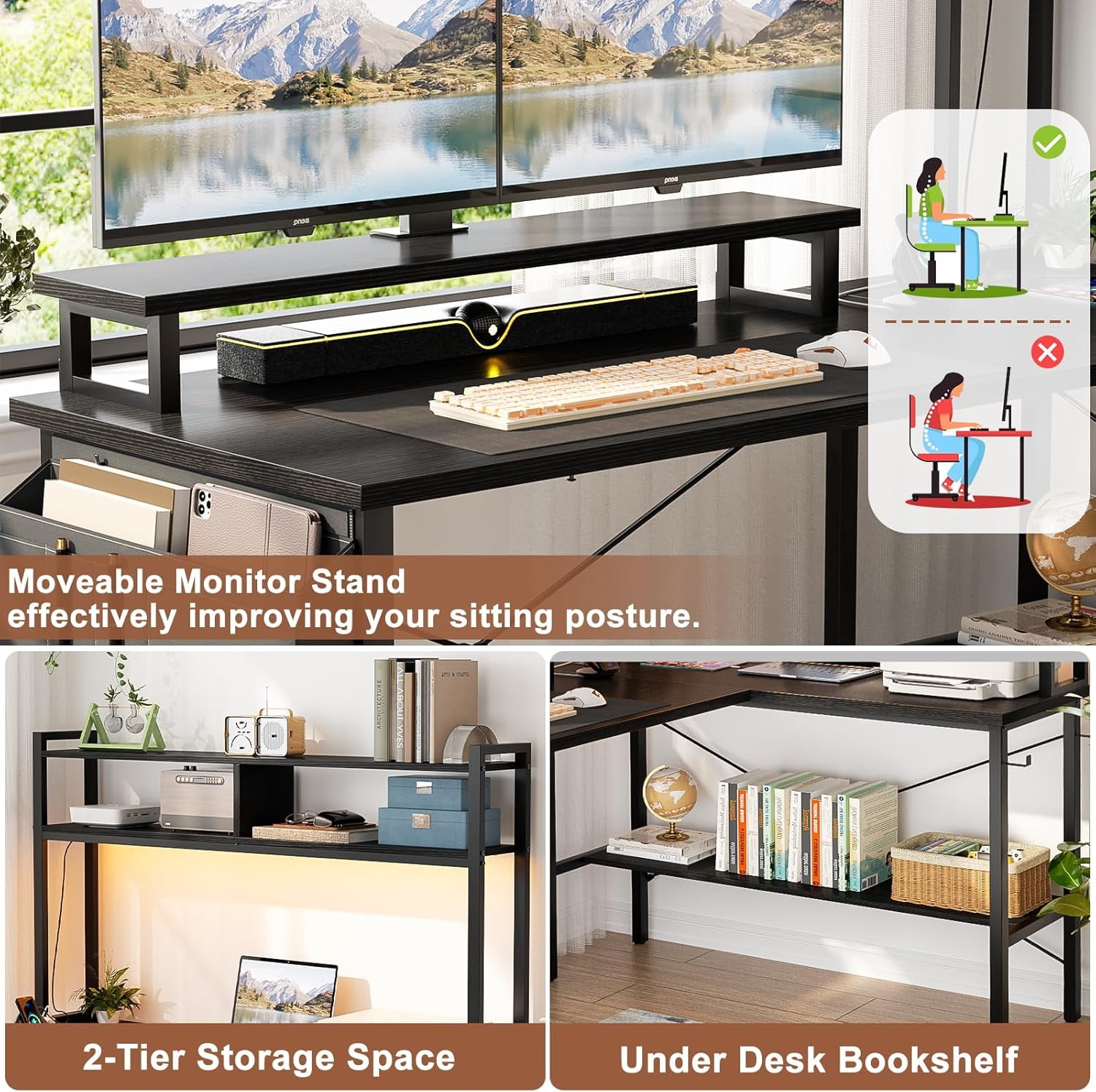 iSunirm Reversible L Shaped Gaming Desk with LED Lights & Power Outlets, 49'' Small L Shaped Computer Corner Desk with Monitor Stand and Storage Shelf, for Home & Office, Black