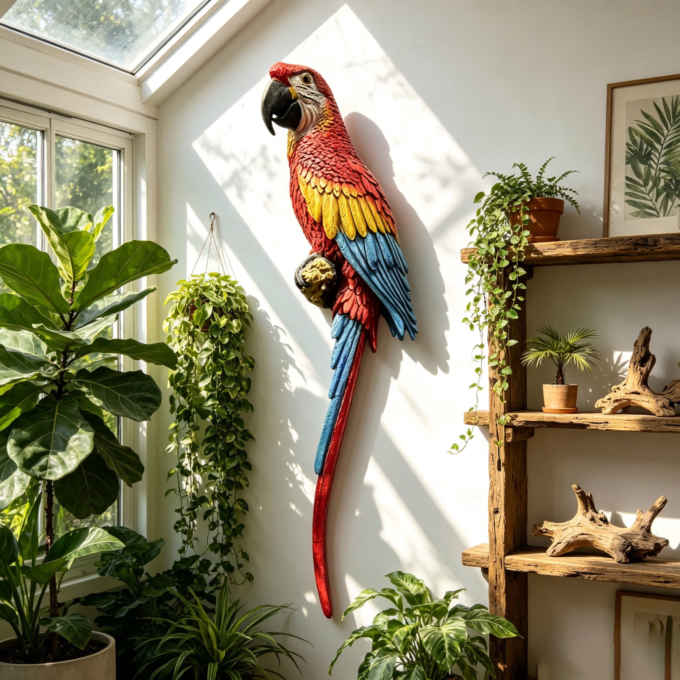 GDF Studio Lifelike Hand-Painted Scarlet Macaw Resin Parrot Statue, Weatherproof Tropical Outdoor Sculpture Figurine