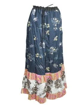 Mogul Women Navy Blue Maxi Skirt Floral Print Peasant Long Skirts S/M/L