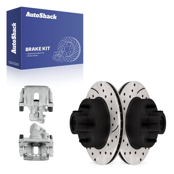 AutoShack Rear Solid Drilled & Slotted E-Coated Brake Rotors   Calipers 4-PC Brake Kit Replacement for 2012-2018 Ford Focus ShadowGuard 10.67" (271 mm)