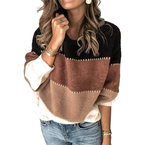 Women's Sweaters Casual Long Sleeve Crewneck Color Block Patchwork Pullover Knit Sweater Tops