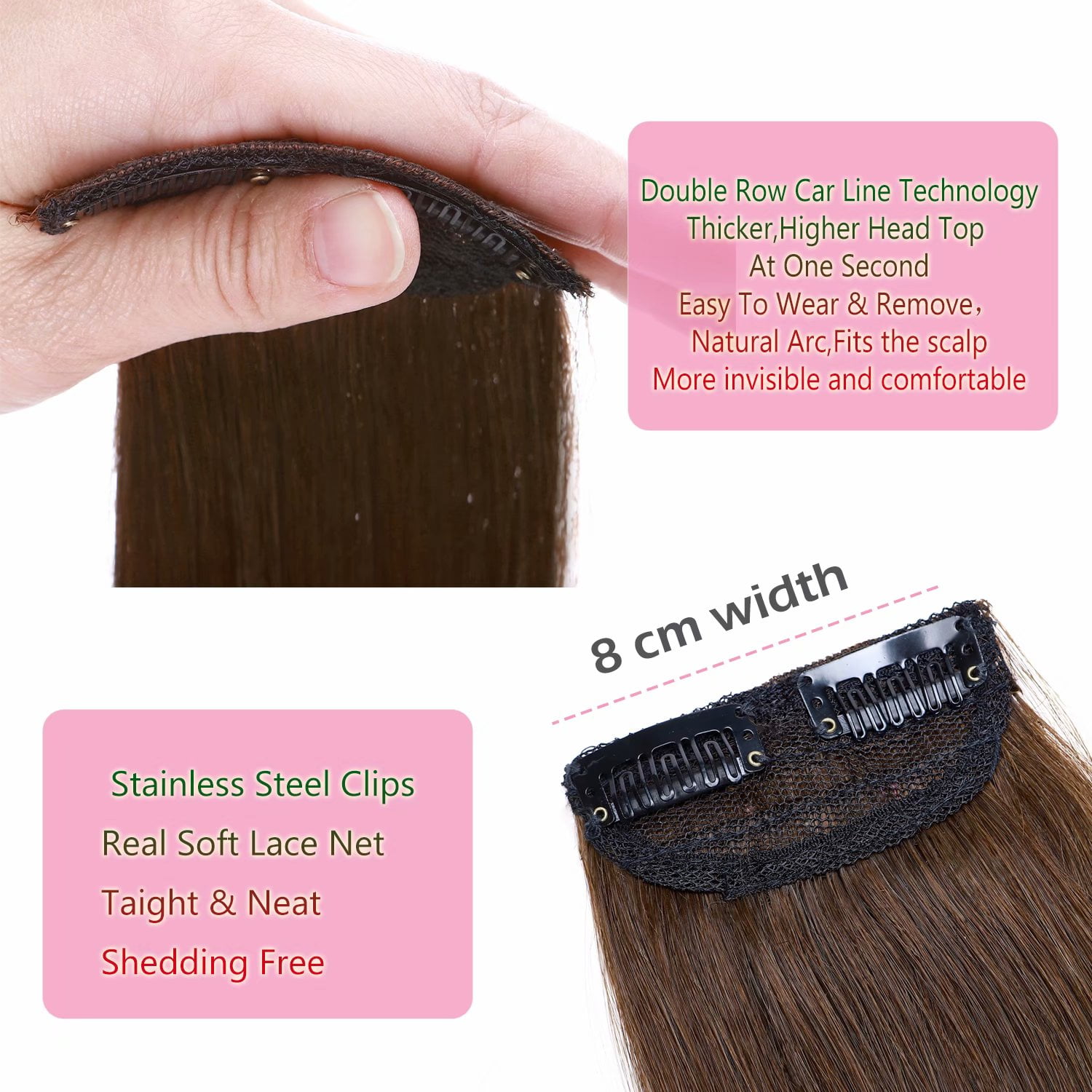 Benehair Clip in 100% Remy Human Hair Extensions Hair Pad Invisible Hairpiece Topper Thickened Soft Thin Hair Brown 2 Pieces