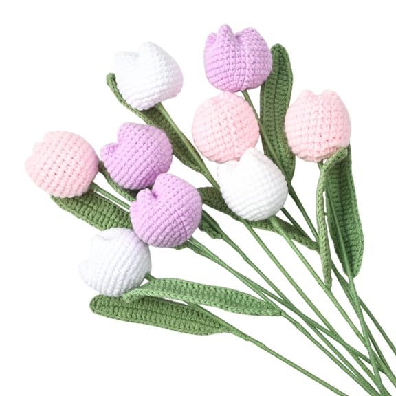 1 Box 9Pcs Knitted Tulips Bouquet Crochet Flowers White Pink Purple Artificial Floral with Green Leaves Weaving Tulip Decoration