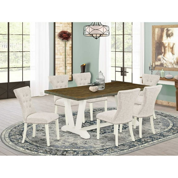 East West Furniture 7-Pc Dinette Room Set- 6 Upholstered Dining Chairs with Doeskin Linen Fabric Seat and Button Tufted Chair Back - Rectangular Table Top & Wooden Legs - Distressed Jacobean and...