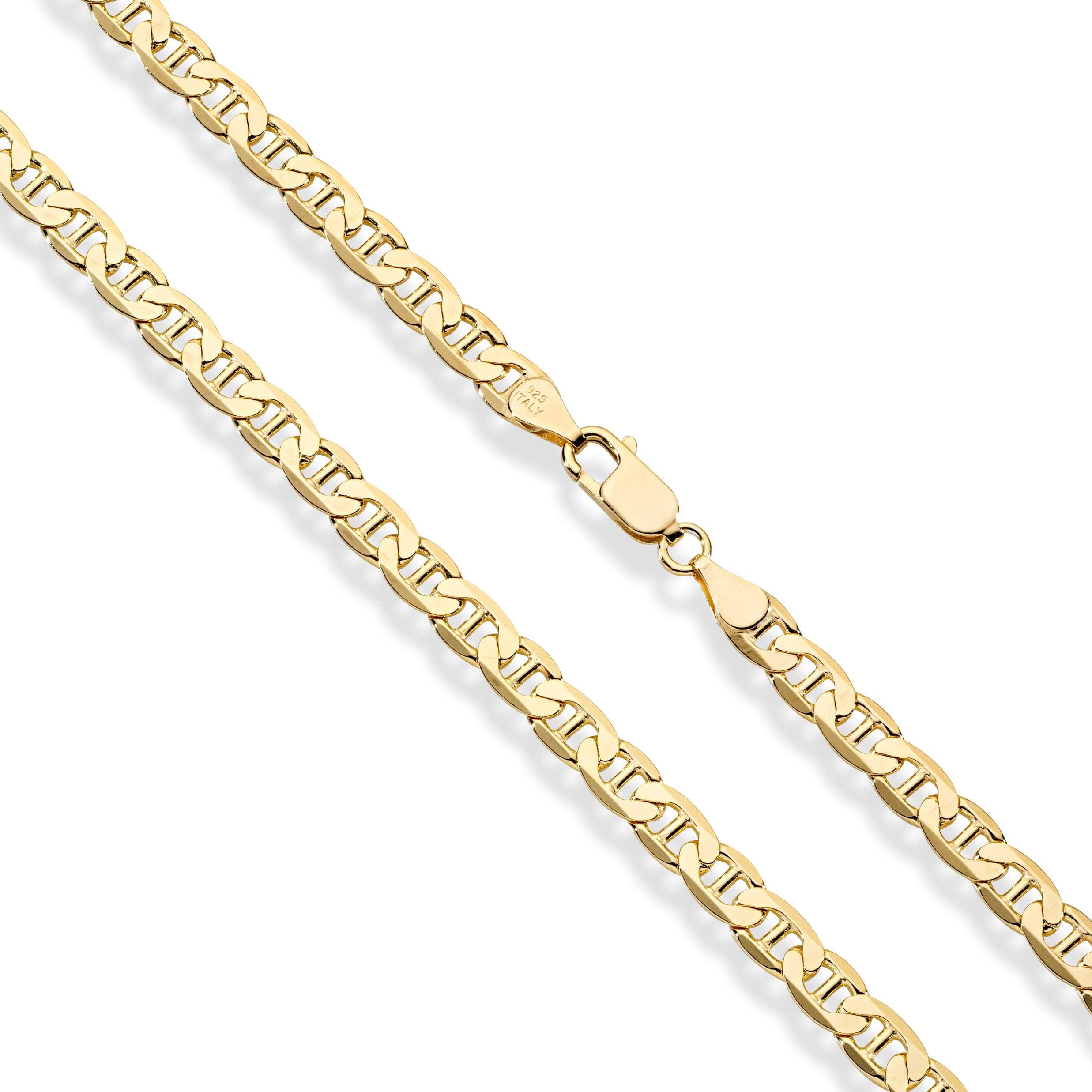 Miabella Italian Solid 18K Gold Over Sterling Silver Italian 3mm, 4mm, 6mm Diamond-Cut Flat Mariner Link Chain Necklace for Women Men, 925 Italy (6mm, Length 24 Inches)