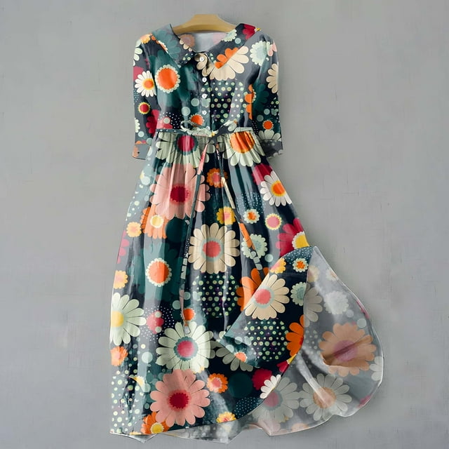 Fartey Robes d'Été pour Femmes en Liquidation à Moins de 10 $ Robe Midi Vintage en Coton et Lin Mignonne à Fleurs Boutonnée à Revers à Lacets Robe Trapèze Décontractée Respirante Robe de Plage pour les Vacances