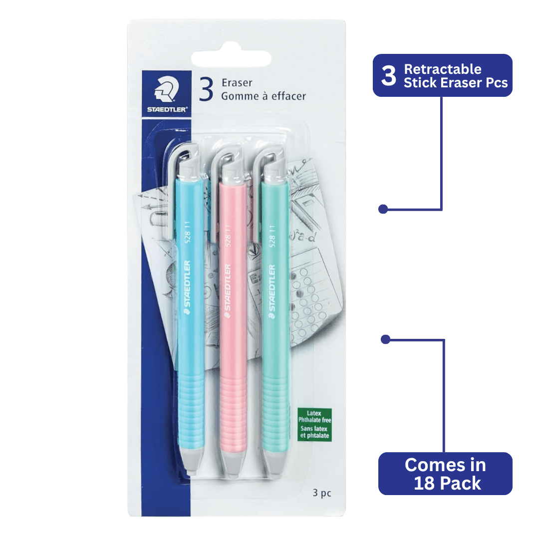 STAEDTLER Vinyl Eraser Holder 18-Pack (18 sets of 3 pcs): 3 Units Retractable Erasers for Pencils, Soft Vinyl, Latex-Free, Clean Edges, No Smudges, Pastel Colors, 54 Count
