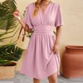 thumbnail image 3 of ZZwxWA Women's Summer Ruched Wrap Dress Empire Waist Short Flare Sleeve V Neck Dresses Casual Womens Midi Sundresses, 3 of 6