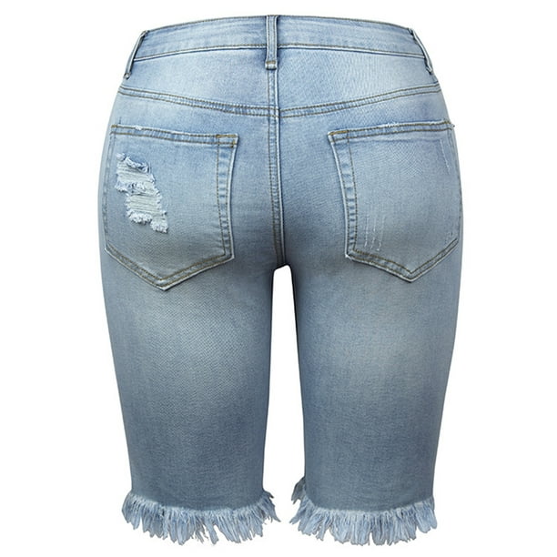 Bellella Ladies Denim Jeans Hole Midi Trousers Ripped Bottoms Soft