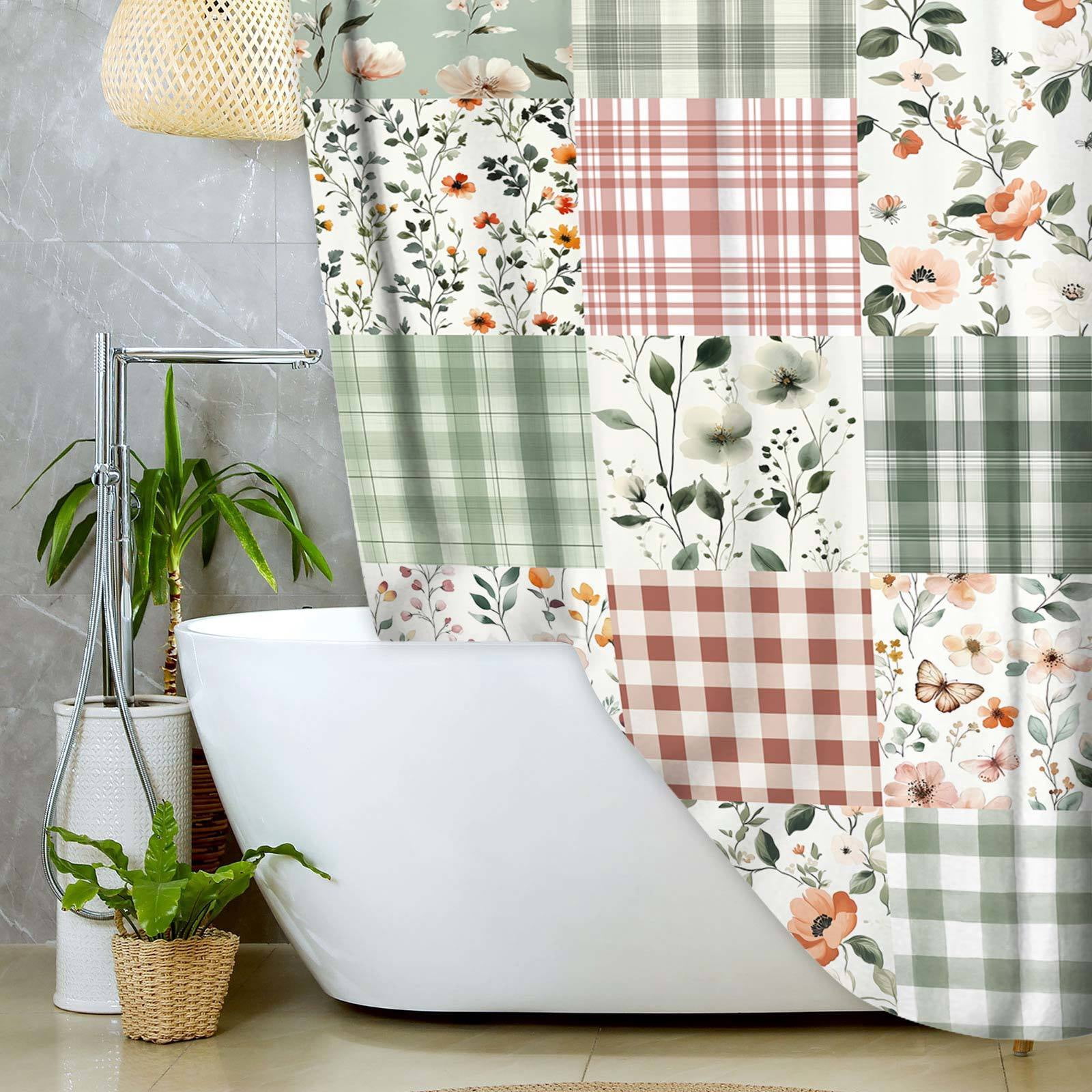 Cute Plaid Floral Shower Curtain, Boho Sage Green Flower Fabric Shower Curtains for Bathroom, Retro Pink Flower Checkered Patchwork Bath Curtain Set Washable Waterproof with 12Hooks,36X72in