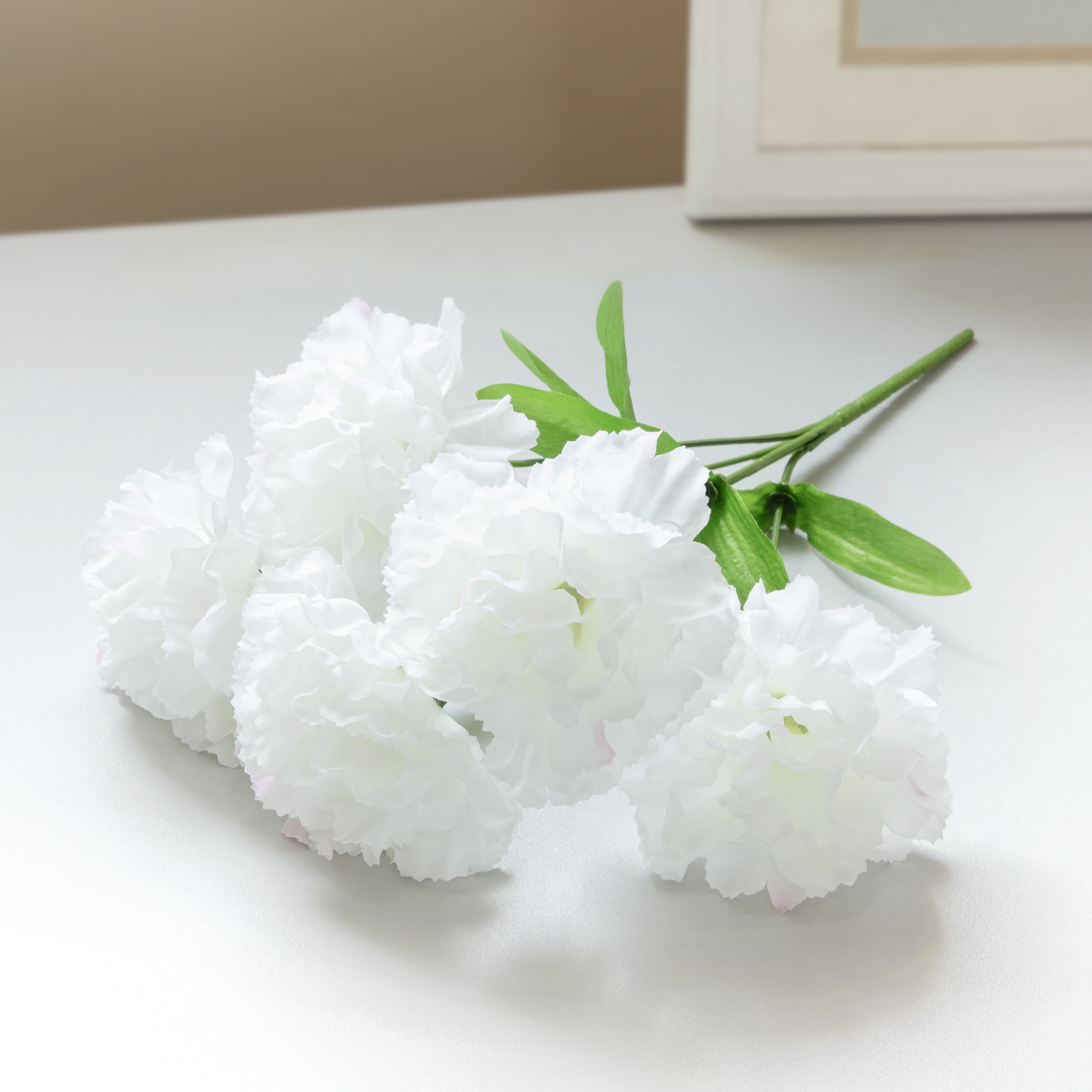(4 pack) 13-inch Artificial Silk White 5 Heads Carnation Flowers Pick, for Indoor Use, by Mainstays