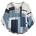 thumbnail image 4 of Geometric Modern Art Blue Gray Black White Women's V-Neck Blouse With 3/4 Ruffled Bell Sleeves Casual Top Ladies Blouses, 4 of 7