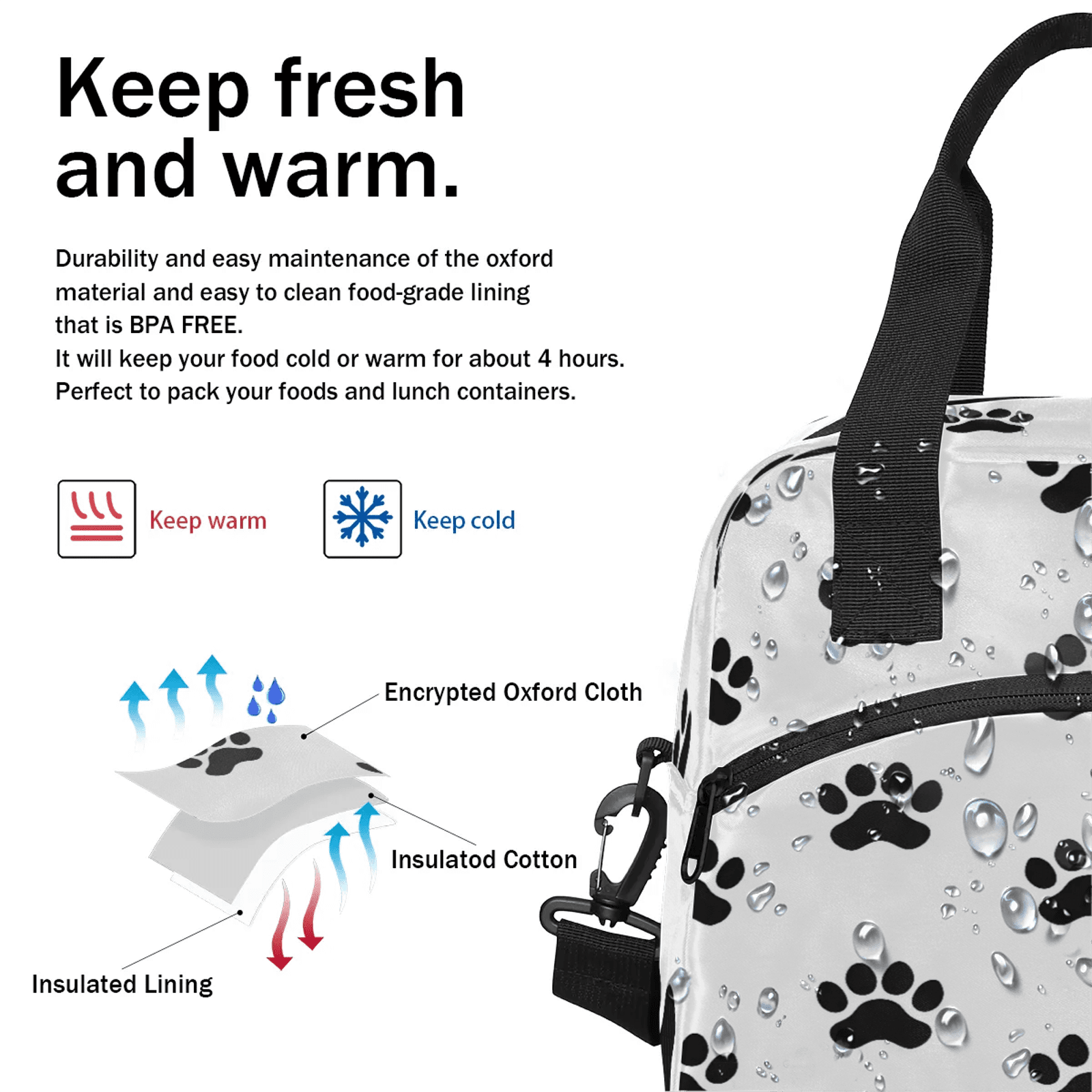 Herdesigns Dog Paws Insulated Lunch Bag for Women Men Adult, Reusable Insulated Cooler Lunch Box Lunch Tote Bag for Work Picnic Beach