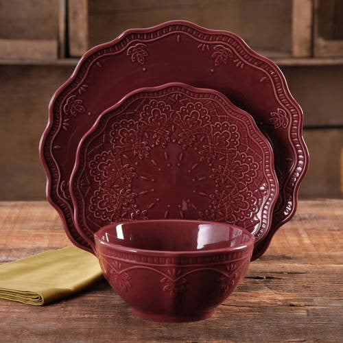 Pioneer Woman Kitchen Farmhouse Lace 12piece Dinnerware Set Red Dishwasher Safe for sale online 