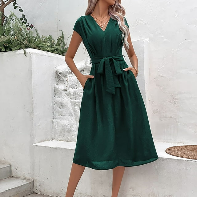 Liquidation et Promo, Robe à Manches Courtes Ample à Col Rond pour Femme, Robe à Manches Courtes, Robe Ample à Col Rond, Robe à la Mode Essentiels du Quotidien/100 % Polyester, Vert, Sopatenor