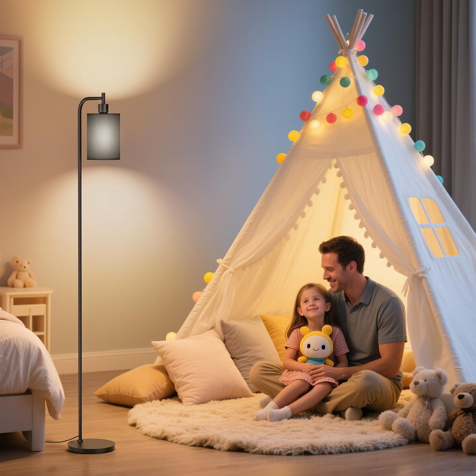 Black Floor Lamp With Linen Shade Dimmable Standing Lamp For Living Room Bedroom Office