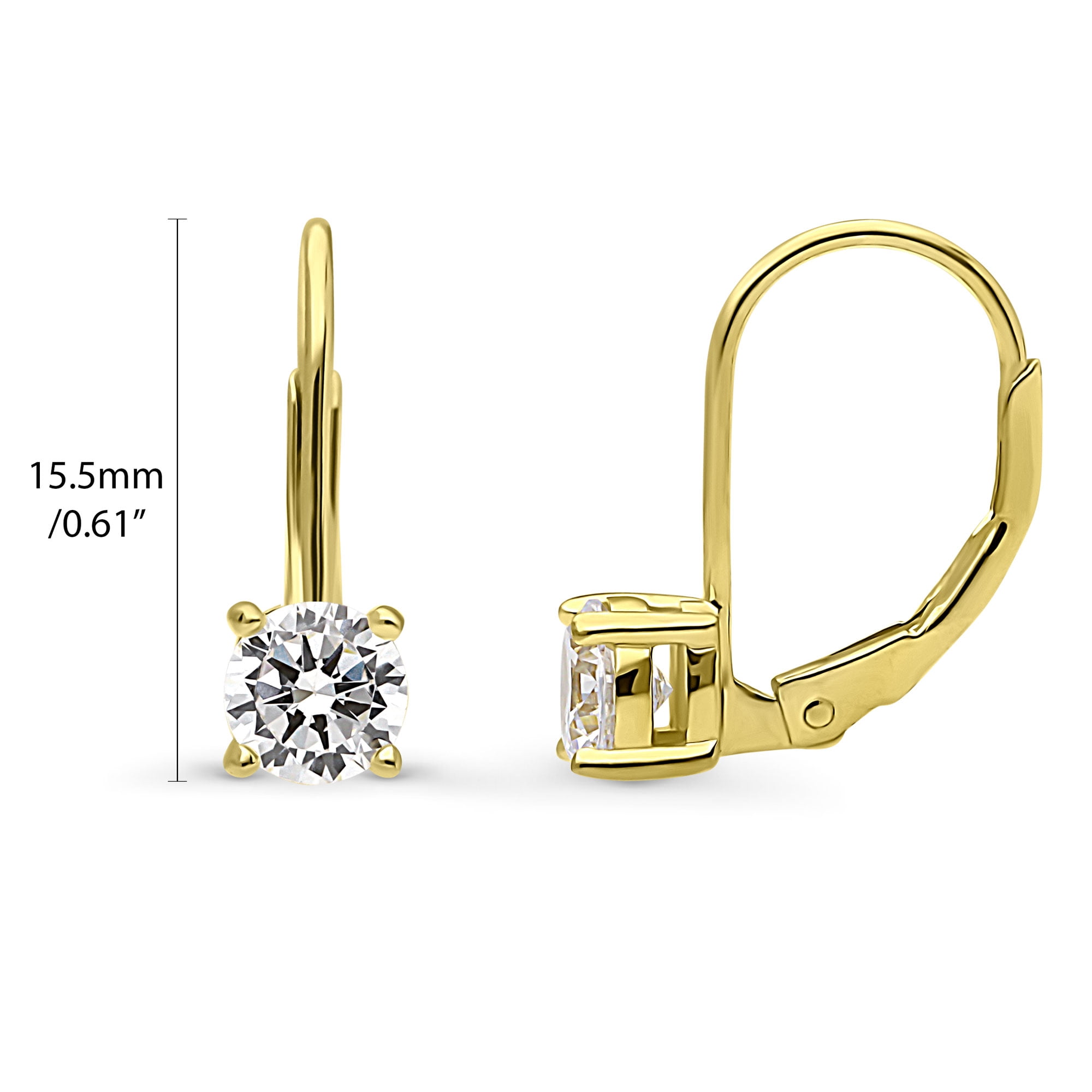 BERRICLE Sterling Silver Solitaire Round Cut Cubic Zirconia CZ Fashion Leverback Dangle Drop Earrings for Women, Yellow Gold Flashed, 5mm
