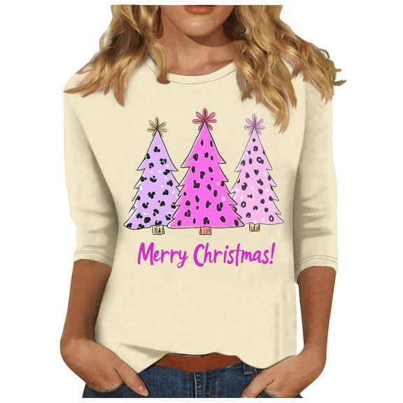 Women Christmas Tree Printed Tshirts Oversized Sweatshirt Cropped Long Sweaters Xs Zip Up Sweatshirt Cropped 3/4 Sleeve Tops Trendy