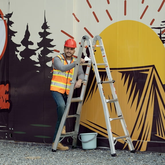 17FT Extension Ladder, Multi Position Ladder with Stabilizer Bar and Wheels, Weight Capacity 300Lbs, Adjustable Telescopic Aluminum Ladders for Home, Outdoor Work, Grey