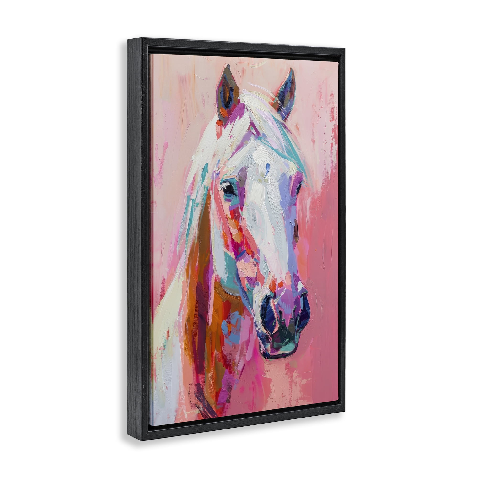 Stupell Industries Horse Visage on Pink Animals Painting Black Floater Framed Canvas Art Print Wall Art, 17 x 25
