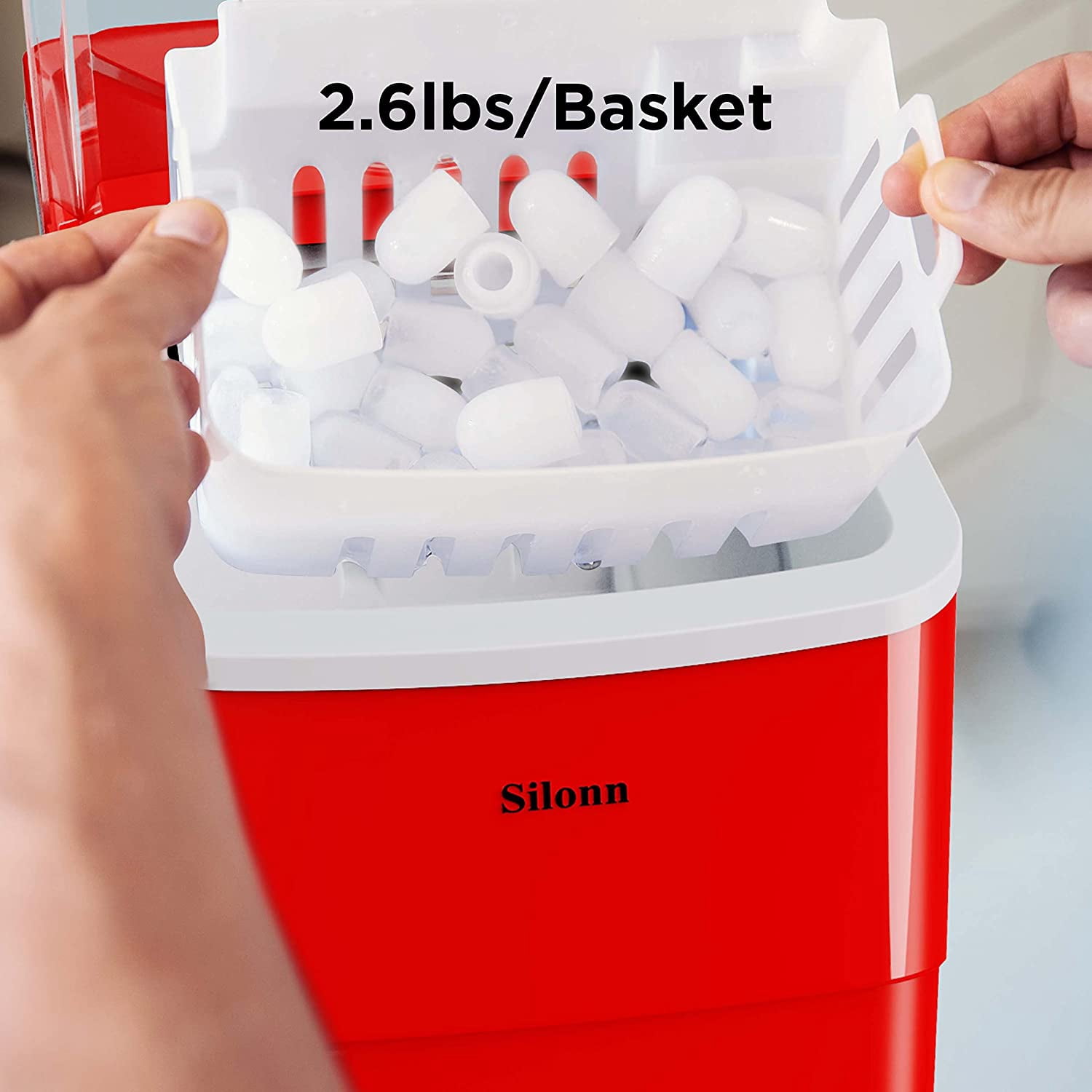 Countertop Ice Maker Machine, 9 Cubes in 6 Mins, 26lbs/Day Self-Cleaning with Scoop & Basket, 2 Ice Sizes for Home Kitchen Office Bar Party, Red