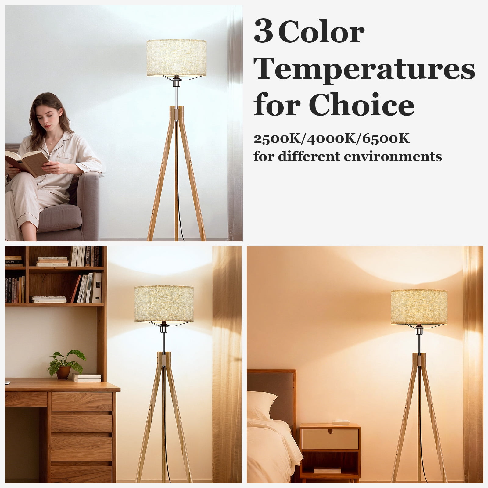 BLITZWILL Natural Wood Tripod Floor Lamp,Includes Light Bulb,E26 Base,LED Modern Dimmable Mid Century Standing Lamp,Flaxen Linen Shade,for Living Room, Bedroom, Office