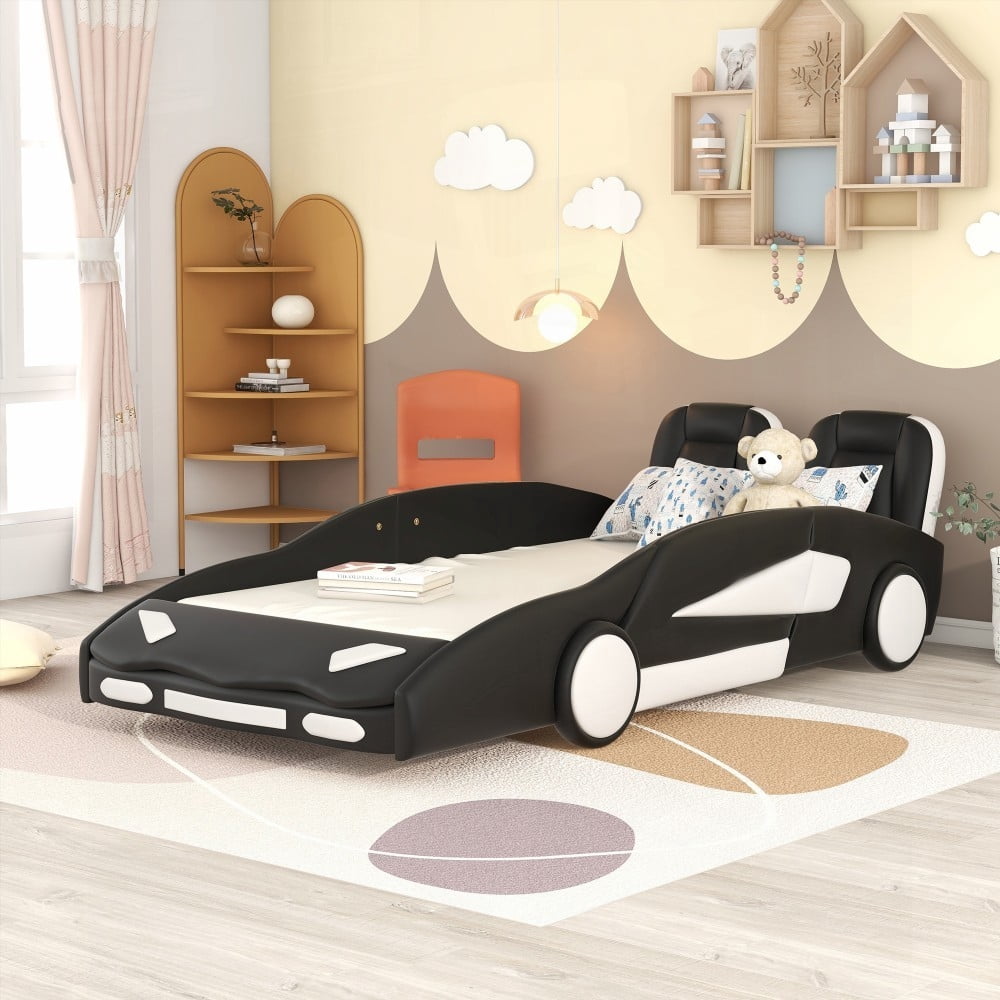 Race Car-Shaped Twin Size Platform Bed in Black Equipped with Wheels and Solid Construction