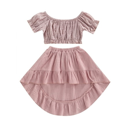 

Baby Girls 2PCS Plain Outfits Short Sleeve Ruffle Off-Shoulder Hollow Tops Irregular Midi Skirt Toddler Ruched Summer Outfits
